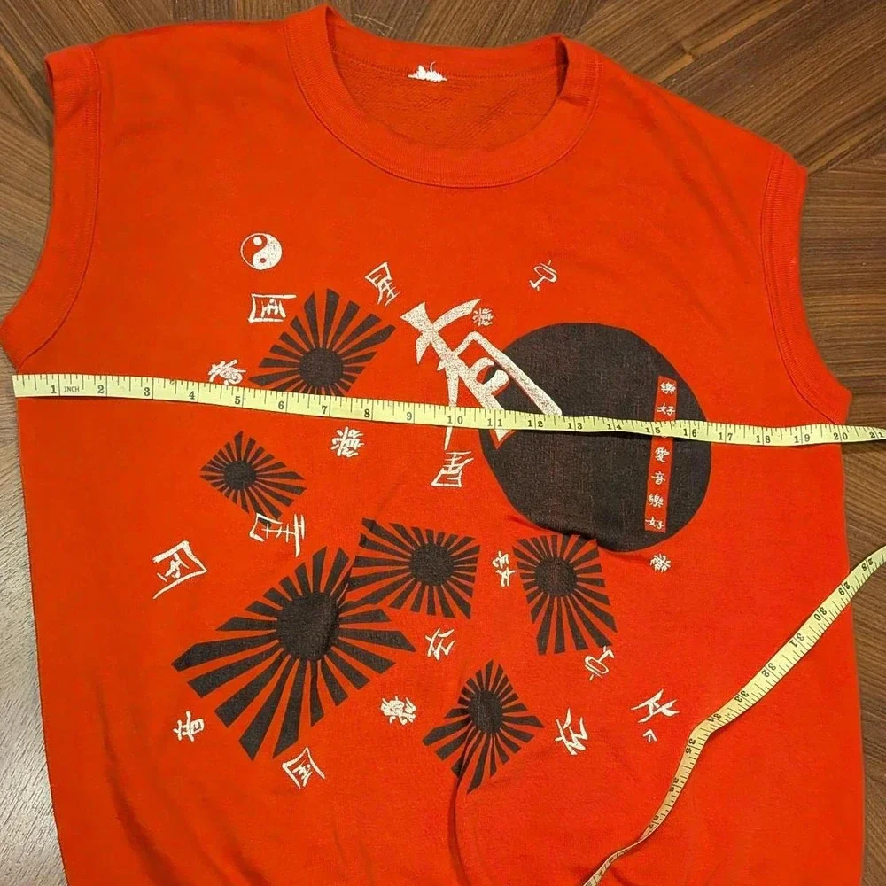 Vintage Japanese Graphic Tank Top Women Red Good Sunburst Kanji Sleeveless M